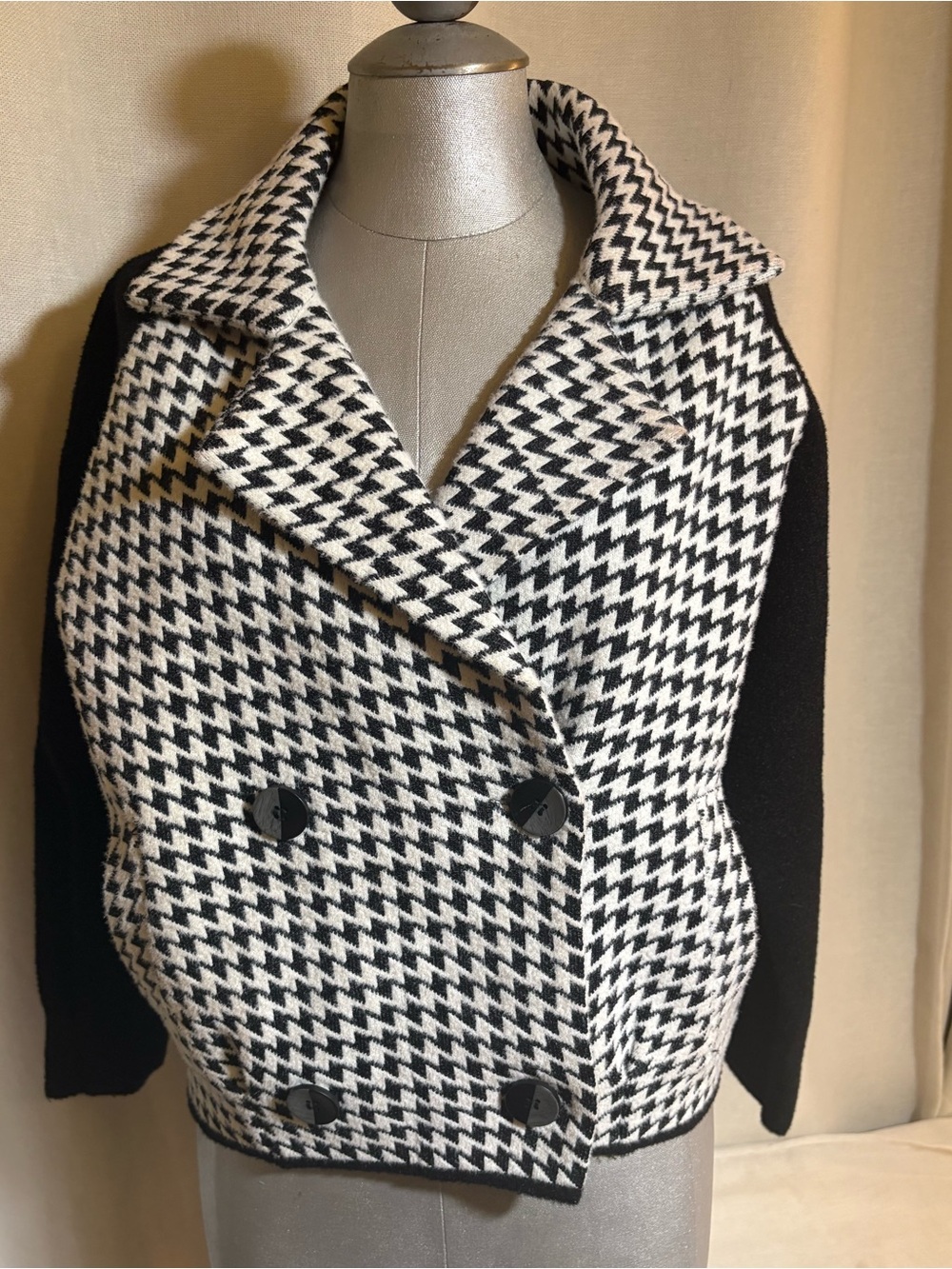 MAGASCHONI Houndstooth Knit Jacket Black White Double Breasted Quiet Luxury Sz S - Picture 2 of 16